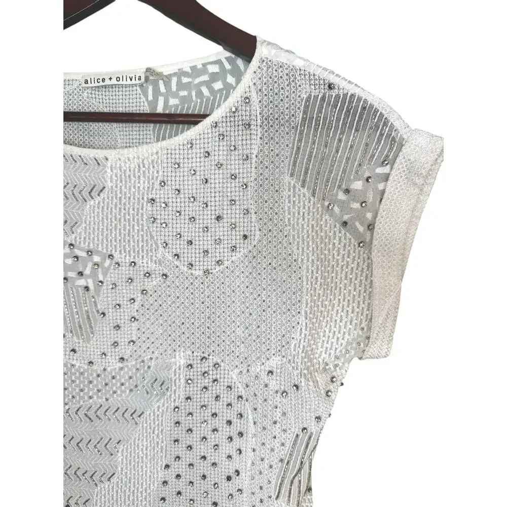 ALICE + OLIVIA Embellished Mesh Blouse White Silver Beaded Sheer Sz Small Bride - Picture 4 of 10